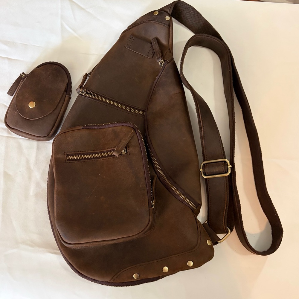Vintage Distressed Leather Sling Backpack Crossbody Chest Bag Travel EDC Brown